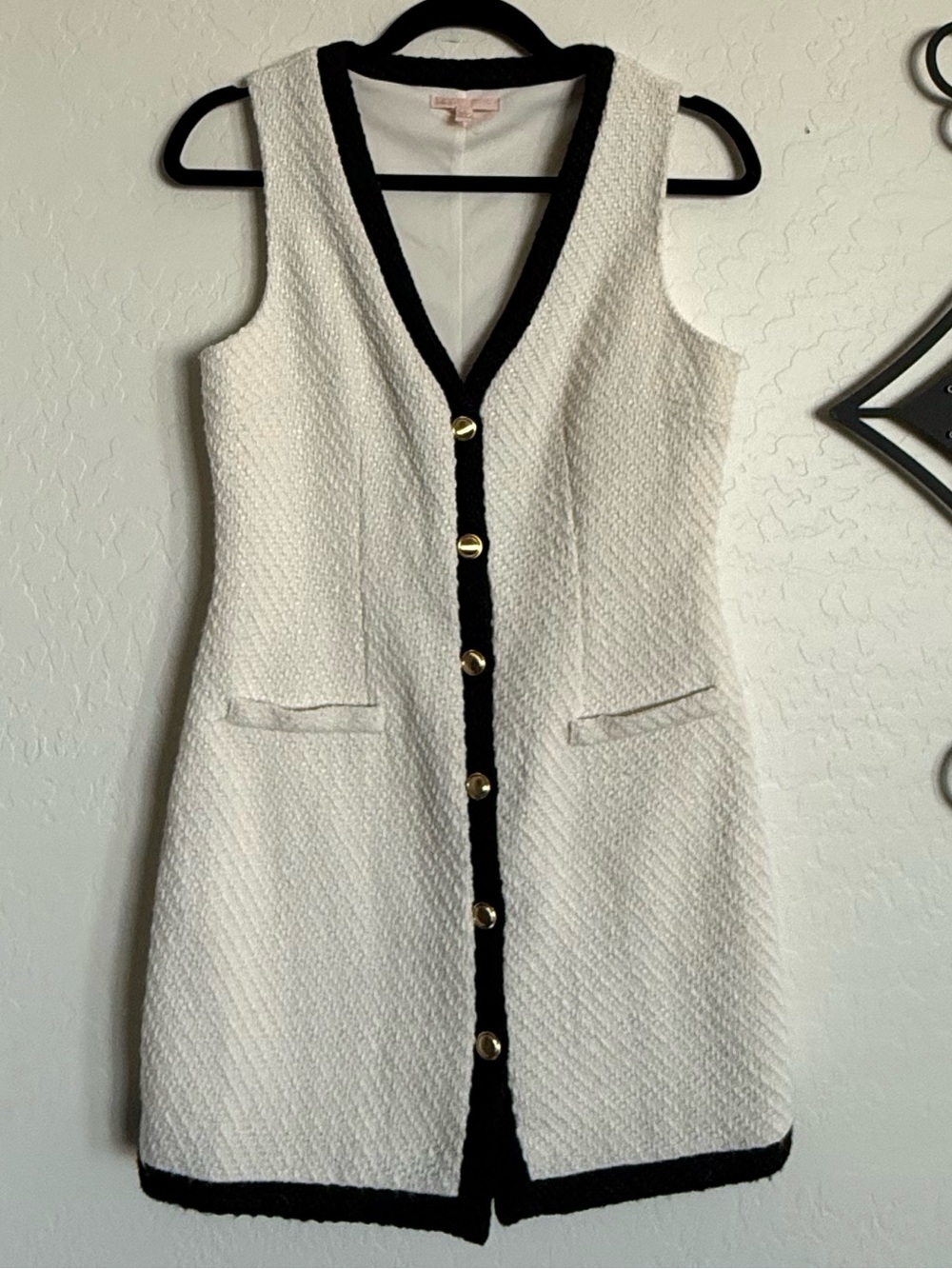 BEBOP White Tweed Vest Dress Size S Contrast Trim Gold Button Preppy Mini